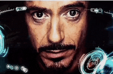 a close up of a man 's face with a beard and a few circles around it