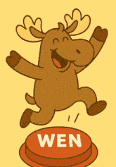 a cartoon moose is jumping over a button that says wen