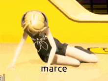 a girl is kneeling down on the floor with the word marce written on the bottom .
