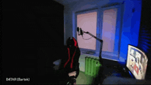 a person sitting in a chair in front of a microphone with the name b4tar on the bottom right