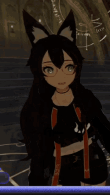 a girl with cat ears is wearing a black crop top with the letter s on it