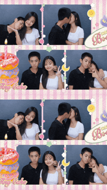 a girl is kissing a boy on the cheek in front of a happy birthday balloon