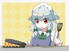 a cartoon drawing of a maid cooking with a spatula