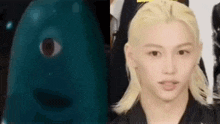 a close up of a person 's face next to a close up of a blue object .