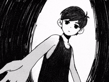 a black and white drawing of a boy reaching out