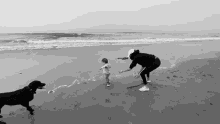 a woman and a child are playing on the beach with a black dog .