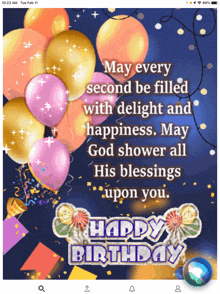 a happy birthday card with balloons and confetti