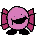 a pixel art drawing of a pink candy with a black face and a smile .