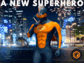 a man in a superhero costume is standing in front of a city at night