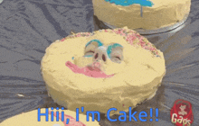 a cake with a face drawn on it and the words i 'm cake below it