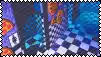 a pixel art of a room with a checkered floor and a purple and blue wall .