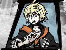 a black and white drawing of a boy with yellow hair and a hoodie that says ' nbc ' on it