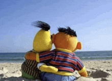 ernie and bert are sitting on the beach hugging