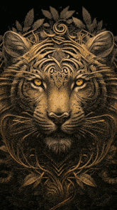 a tiger with yellow eyes is surrounded by leaves