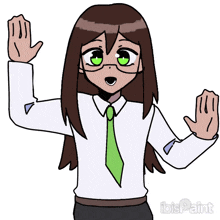a drawing of a girl wearing glasses and a green tie by ibis paint