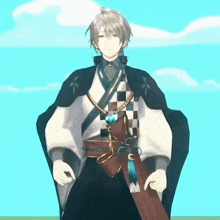 a man in a kimono is standing in front of a blue sky with clouds .