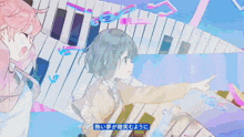 two anime girls are standing next to each other in front of a piano keyboard with chinese writing on it