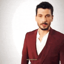 a man with a beard is wearing a maroon suit jacket and white shirt .