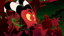 a cartoon character with horns and a choker is standing in a crowd of people .