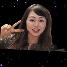 a painting of a woman giving a peace sign with her fingers