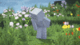 a minecraft character is standing in a field of grass and flowers
