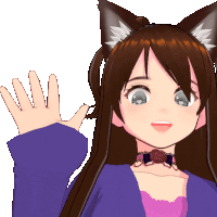 a girl with cat ears and a choker on her neck waves her hand