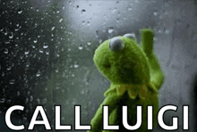 a kermit the frog is standing in front of a window with rain drops .