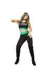 a woman in a black top and green pants is dancing on a white background