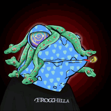 a cartoon of a frog with the word frogchella below it