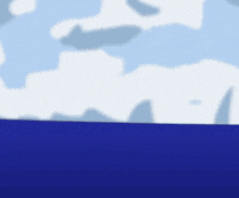 a green cube sits on a blue surface in front of a cloudy sky