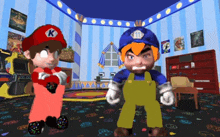 two cartoon characters are standing in a room and one has a k on his hat