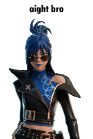 a girl with blue hair is wearing sunglasses and a black jacket with the words " aight bro " below her