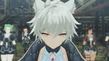 a video game character with white hair and green eyes is looking at the camera