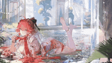 a girl with red hair is laying in a pool of water