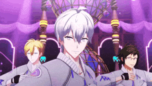 a group of anime characters are standing in front of a purple background and one of them has the letter a on his shirt