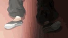 a person 's feet are shown walking on a pink floor