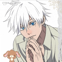 a drawing of a man with white hair and blue eyes is titled esya de jojo