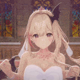 a girl in a white dress with a bat wing on her head