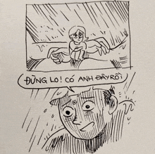 a black and white drawing of a man and a girl with a speech bubble that says " dung lo "