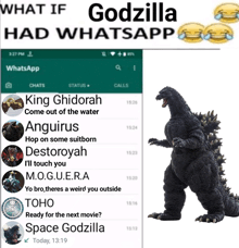 a picture of a godzilla standing next to a cell phone screen
