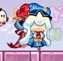 a cartoon character with white hair and a blue dress is standing in front of a pink wall .