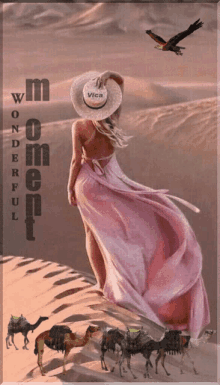 a woman in a pink dress and a hat that says visa on it