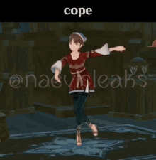 a video game character is dancing with the word cope in the corner