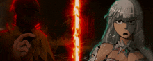 a man and a woman are standing next to each other in a dark room