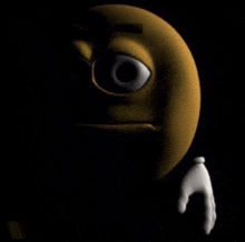 a cartoon smiley face is standing in the dark with a hand behind it .