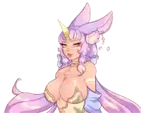 a drawing of a woman with purple hair and a horn