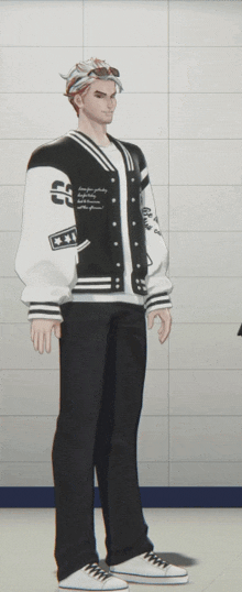 a man wearing a black and white varsity jacket with the number 53 on the sleeves