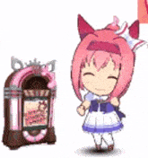 a cartoon girl is standing next to a jukebox .
