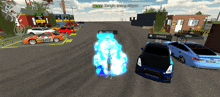 a screenshot of a video game shows a blue car and a black car with the letters kzn on the side
