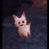 a cartoon character with big eyes is standing on a dark surface